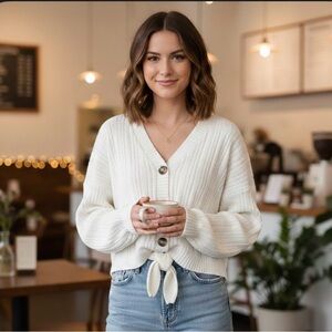 Hollister Co. White Ribbed Button Down Tie-Front Cardigan Size Large Cropped